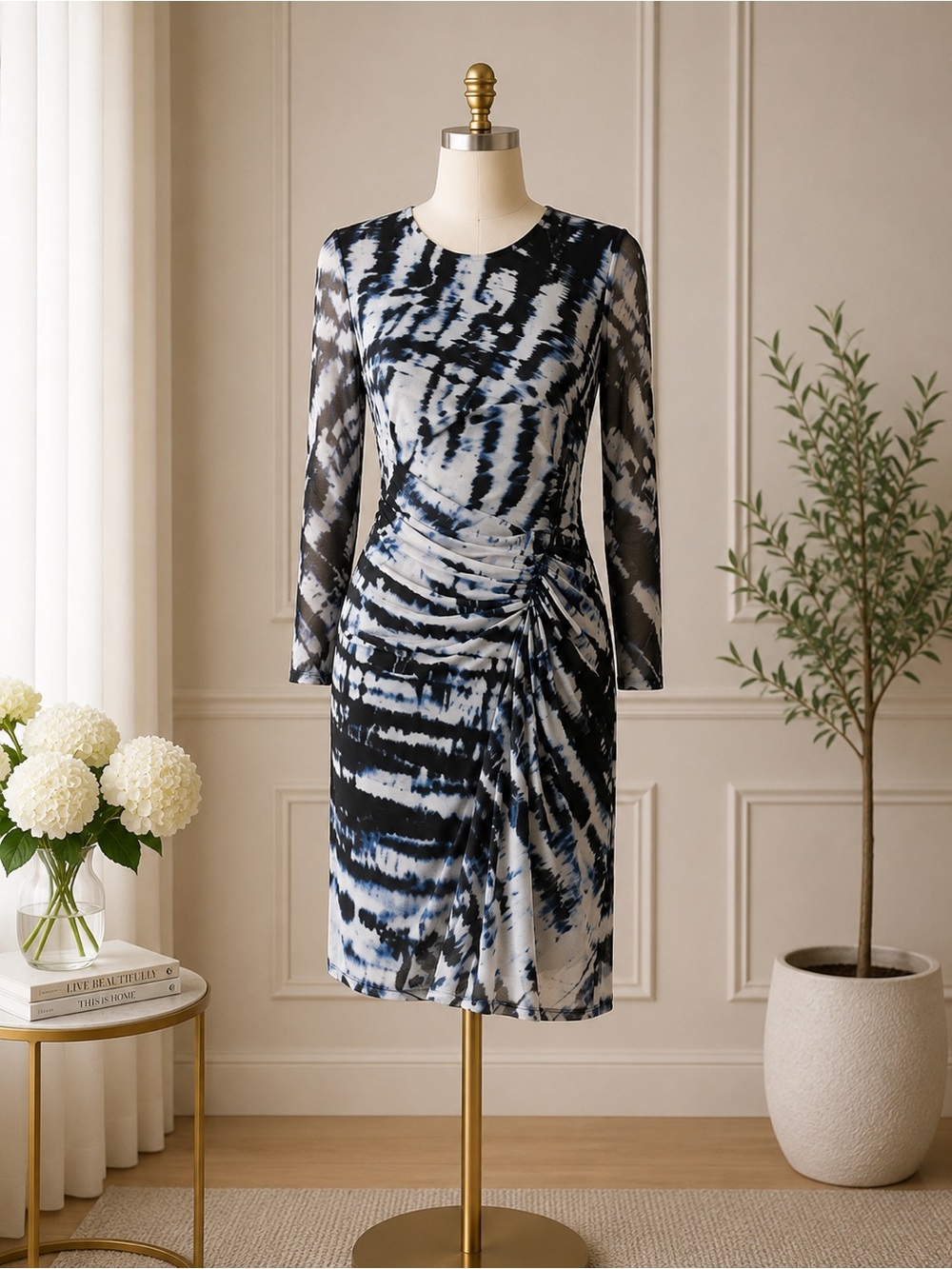 DKNY Ruched Sheath Dress Size 16 NWT Mesh Sleeve Blue Black Print